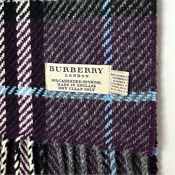 Burberry Cashmere Wool Classic Plaid Fringe Scarf, Purple/Black/Blue, 72" x 15" - Picture 6 of 6